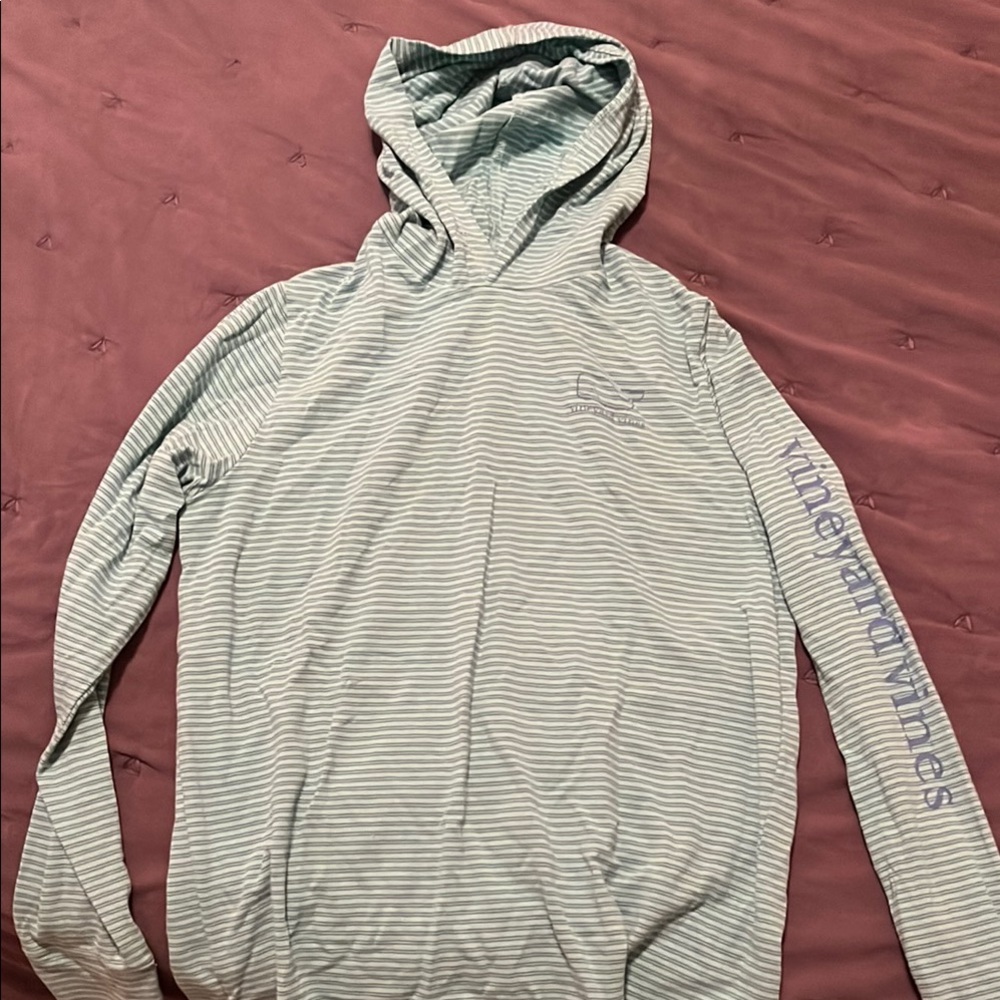 Vineyard Vines Whale Green and Blue Youth M (12-14) Lightweight Striped Hoodie